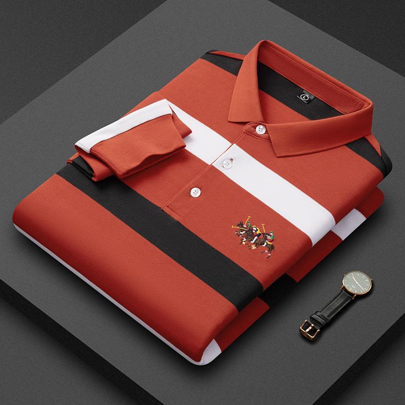 Brand Long-Sleeved T-Shirt for Men, New Autumn Style, 100% Pure Cotton Striped Lapel Polo Shirt, Men's Business Casual Top