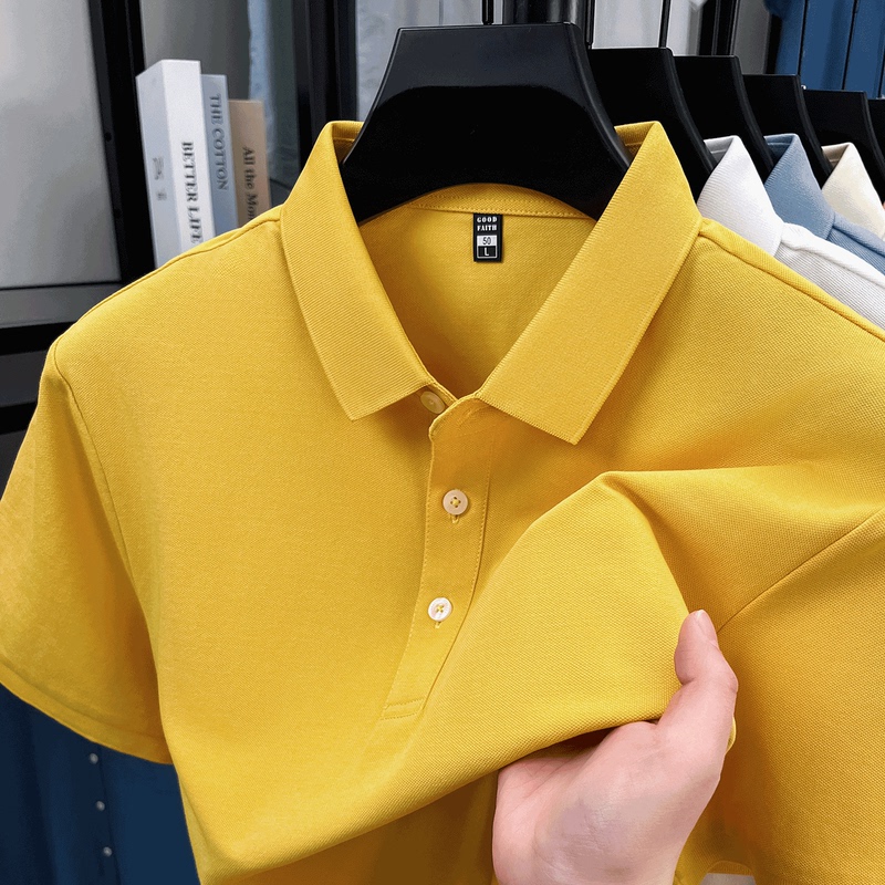 High-End Mercerized Cotton Men's Short-Sleeved T-Shirt, Summer Business Casual Lapel Polo Shirt, Men's Short-Sleeved Yellow Button T-Shirt