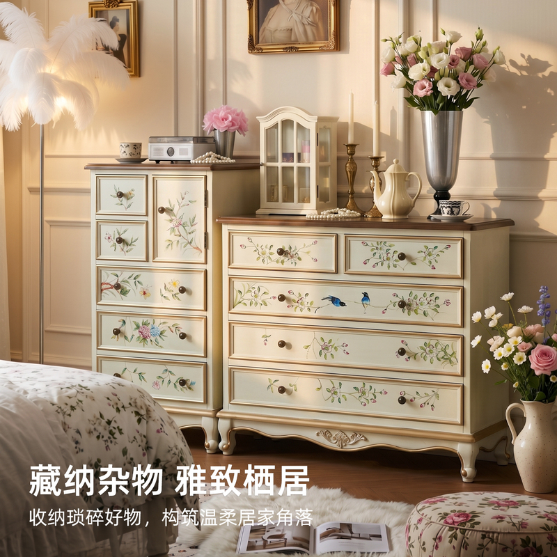 Solid Wood Chest of Drawers with Painted French Vintage Style for Bedroom Bedside or Footboard Storage, Living Room Wall-Mounted Storage Drawer, American Style Cabinet Solid Wood Chest of Drawers with Painted French Vintage Style for Bedroom Bedside or Footboard Storage, Living Room Wall-Mounted Storage Drawer, American Style Cabinet