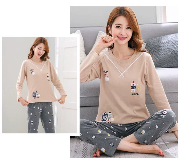 Bộ đồ ngủ nữ mùa xuân và mùa thu cotton dài tay Hàn Quốc Cô gái hoạt hình dễ thương ngọt ngào có thể mặc một bộ đồ phục vụ tại nhà