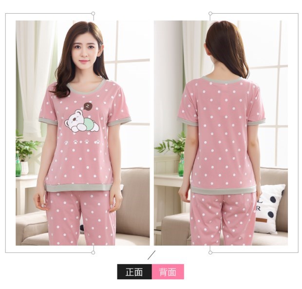 Bộ đồ ngủ nữ mùa hè tay ngắn cắt cúp cotton phần mỏng phiên bản Hàn Quốc của bộ phim hoạt hình dễ thương phục vụ nhà cotton phù hợp với phụ nữ thời trang trung niên