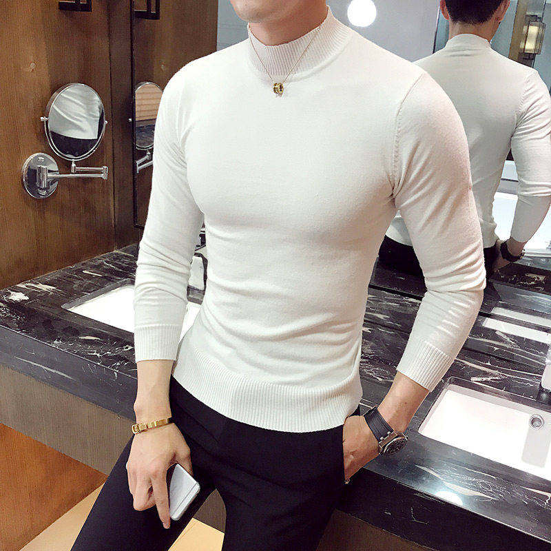 Rich bird half turtleneck sweater men's Korean version of long-sleeved solid color trend slim winter men's sweater youth base shirt