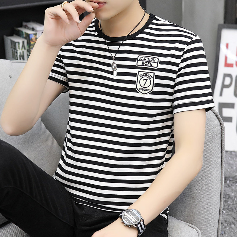 Fugui bird striped short sleeve T-shirt male silk light cotton new port of the sea Soul Sweatshirt with trendy round collar ice-and-half sleeves