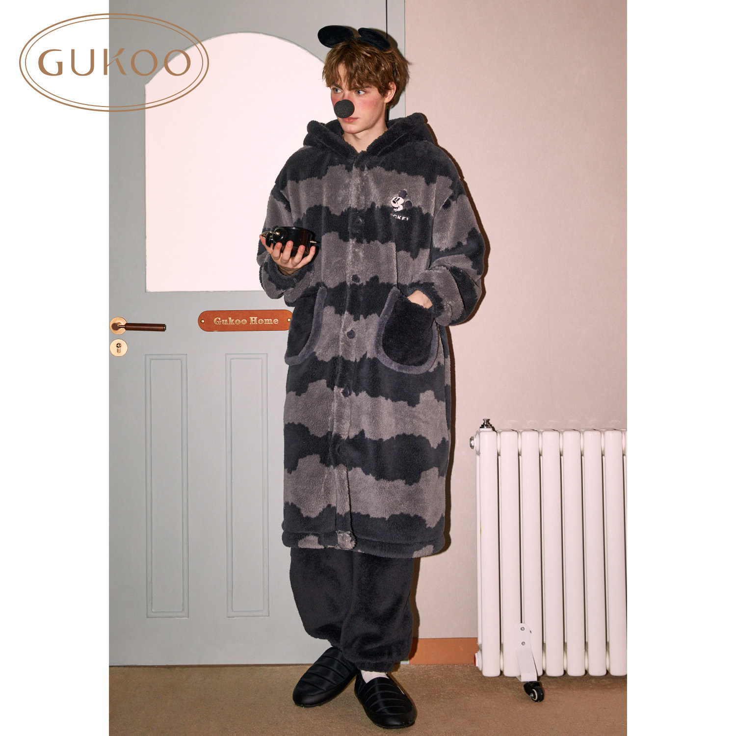 Gukoo/果壳睡衣冬季迪士尼联名新款条纹简约保暖男士家居服套装D