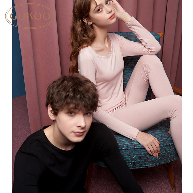 Gukoo fruit shell thermal underwear Men's autumn clothes and pants women's round neck solid color De velvet couple cotton sweater thermal underwear