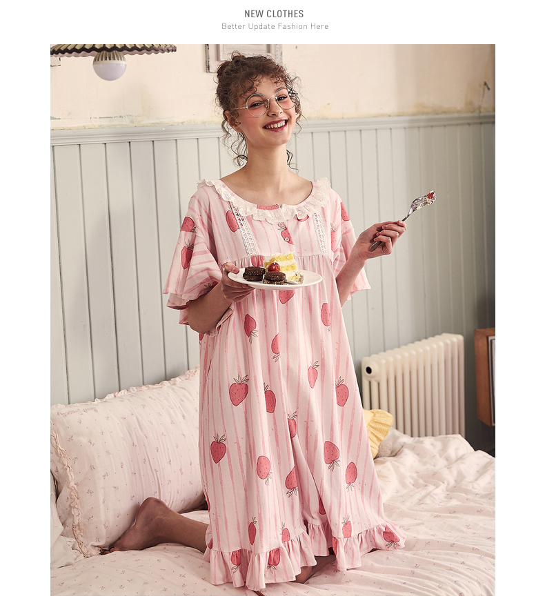 Gukoo trấu mùa xuân và mùa hè nightdress đồ ngủ nữ mùa hè bông ngọt dễ thương nightdress dịch vụ nhà có thể được đeo