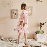 Gukoo trấu mùa xuân và mùa hè nightdress đồ ngủ nữ mùa hè bông ngọt dễ thương nightdress dịch vụ nhà có thể được đeo váy ngủ cao cấp