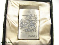 zippo Japanese Collection Series 1992 smoked Silver early multi-faceted carving outdoor life hunter and dog B