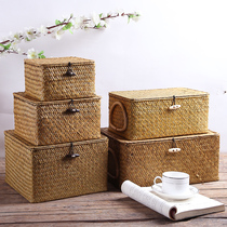 Nordic seaweed fine woven storage box with lid Storage box Pastoral rattan woven bamboo woven desktop snack sundries storage basket storage