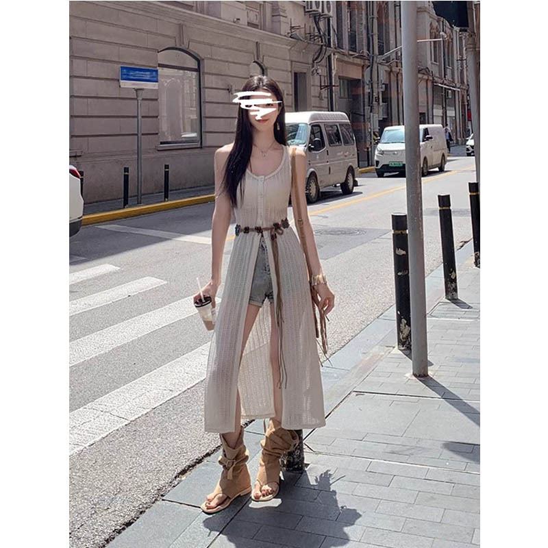 Vacation Style Hollow-Out Knitted Long Cardigan Dress for Women 2025 Summer New Layered Sleeveless Tank Dress Long Dress Vacation Style Hollow-Out Knitted Long Cardigan Dress for Women 2025 Summer New Layered Sleeveless Tank Dress Long Dress