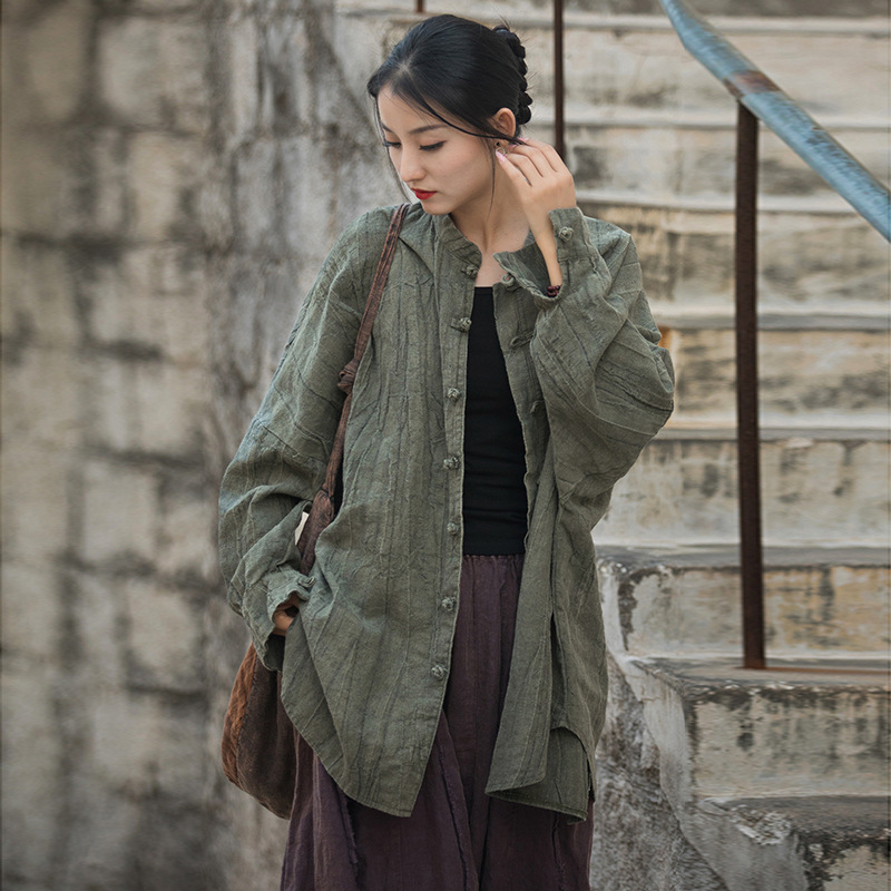 Vintage Artistic Shirt for Women, Ramie Tie-Dye, Distressed Sand-Washed, Modified Zen-Style Tea Shirt, Travel Photography, Button-Up Cardigan Jacket