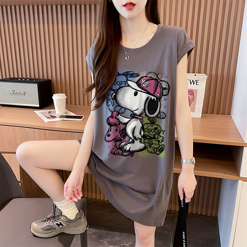 Loose Oversize Sleeveless Vest for Women, Summer 2025 Hot Style, Mid-Length Design, Pure Cotton Cartoon T-Shirt Dress