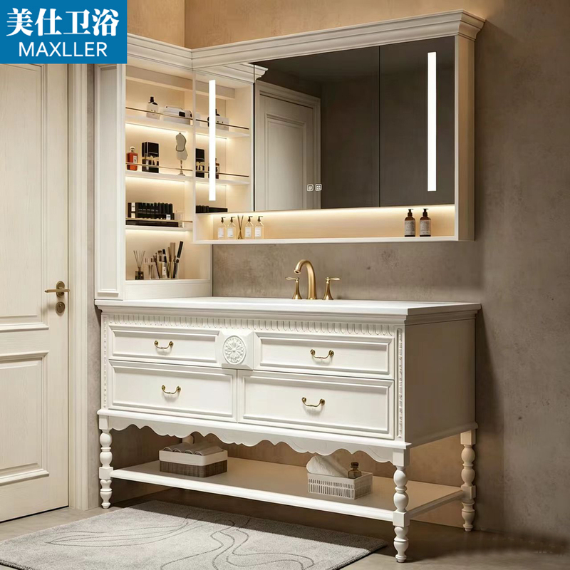 French-Style Cream Oak Bathroom Cabinet Set with Integrated Rock Slab Hot-Bent Basin Washstand, Floor-Standing Bathroom Furniture
