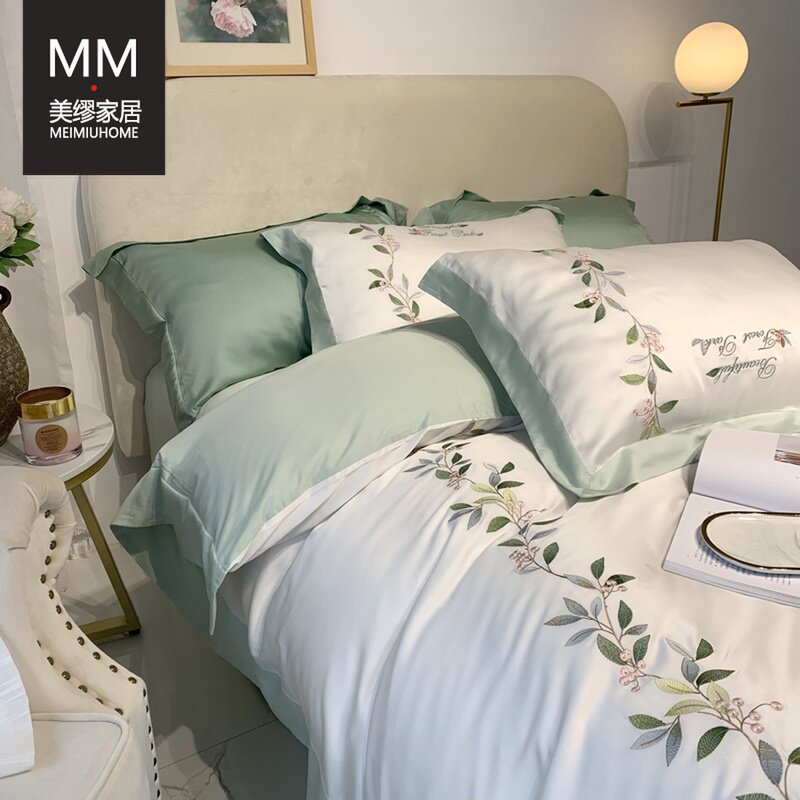 American embroidery pastoral ice silk bedding summer silk slippery naked sleep 60 imported Tencel bed sheets four-piece set