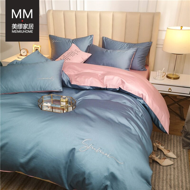 Simple double spell Nordic 60 long-staple cotton pure cotton embroidery four-piece set of cotton sheets quilt cover bedding bedding