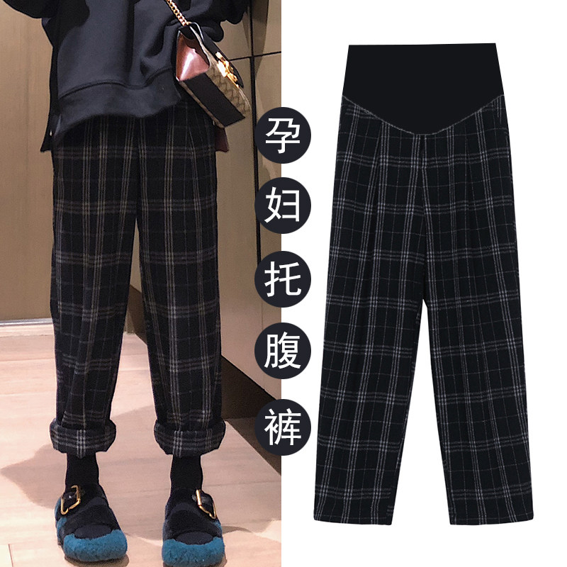 Pregnant women's trousers autumn and winter outerwear fashion trousers trendy mother plaid pregnant women sports pants winter clothes plus woolen wide-leg pants