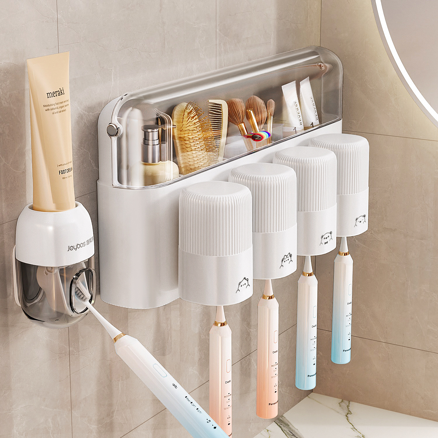 最高のヘルパー歯ブラシカップラックラックバスルーム壁掛けパンチフリーマウスウォッシュカップ電動ホームラック