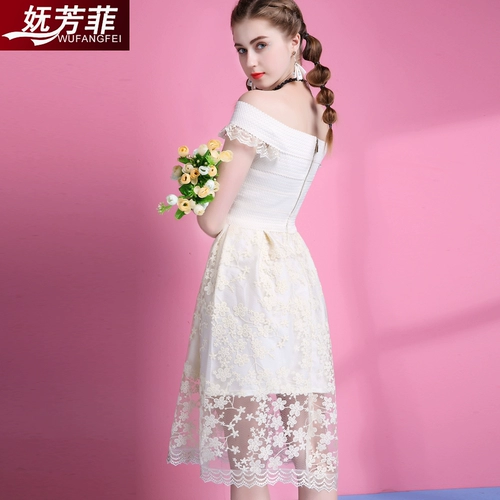 妩芳菲 Летнее модное длинное кружевное платье, юбка, 2020, короткий рукав, облегающий крой, средней длины, открытые плечи