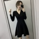 Retro little black dress mùa thu dress nữ 2018 new cổ tích tính khí dài tay đầm eo Mỏng tie Một từ váy