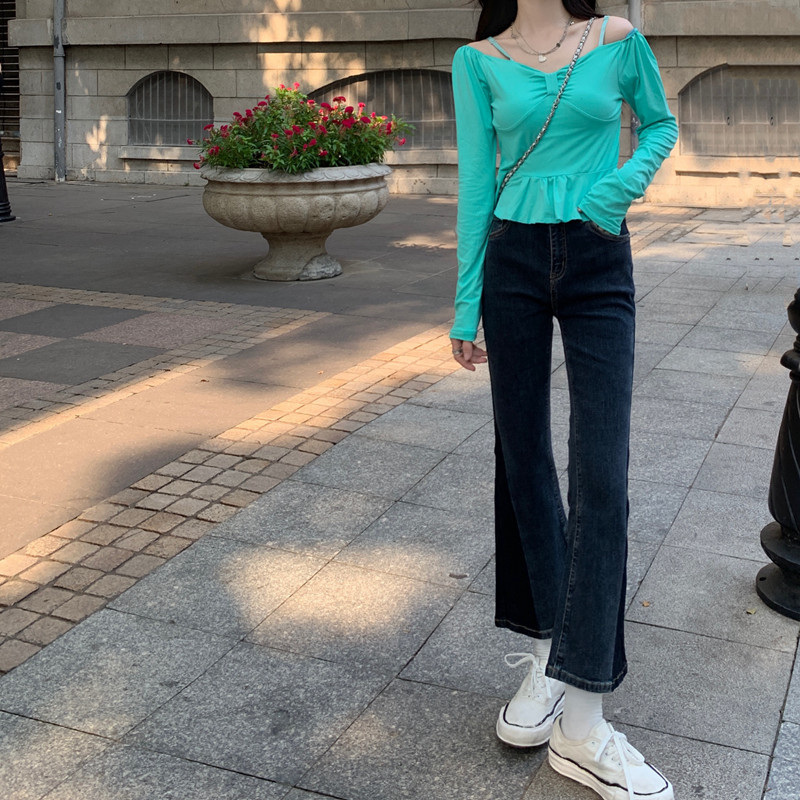 Women's summer thin denim pants 2022 new style, unique design, color-blocked high-waisted, slimming, slightly flared nine-inch pants pic 24