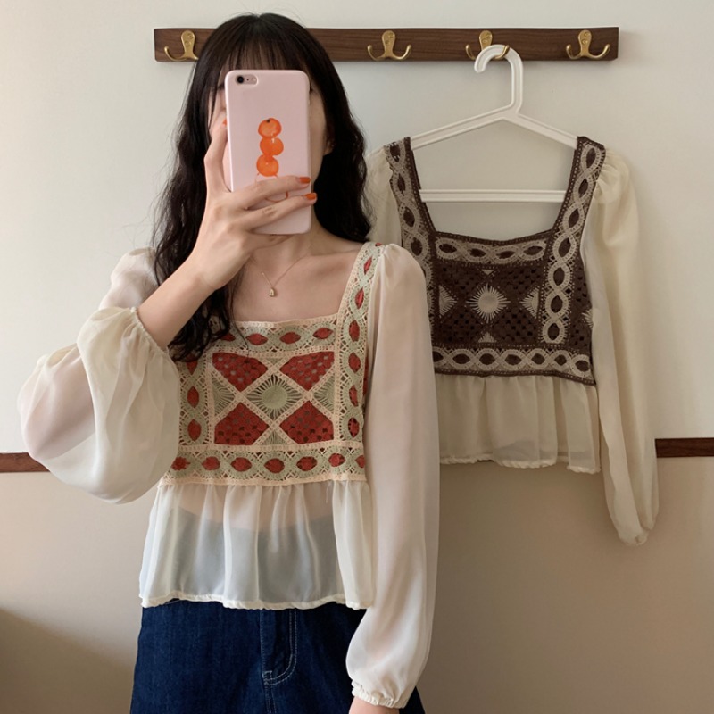 Temporary knitting snow spinning shirts Summer design sensitive crowdhook flower hollow chic beautiful shirt