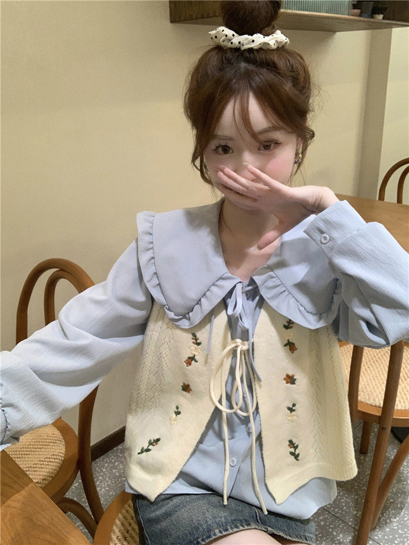 Стильные костюмы 春季穿搭套装2024女装甜美娃娃领长袖衬衫减龄刺绣针织马甲两件套 OTHER