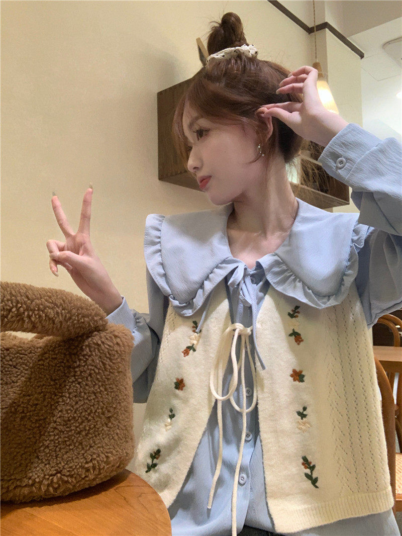 Стильные костюмы 春季穿搭套装2024女装甜美娃娃领长袖衬衫减龄刺绣针织马甲两件套 OTHER