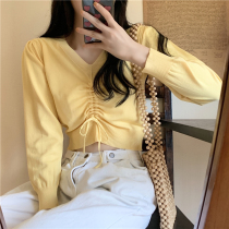 Spring and Autumn 2021 new female temperament drawstring slim slim naked navel bottoming sweater V neck long sleeve shirt