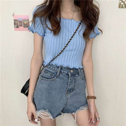 Трикотажная летняя сексуальная короткая футболка с коротким рукавом, квадратный вырез