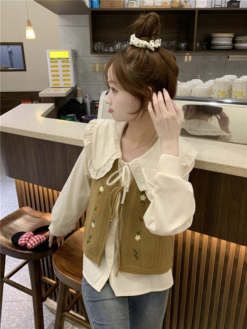 Стильные костюмы 春季穿搭套装2024女装甜美娃娃领长袖衬衫减龄刺绣针织马甲两件套 OTHER