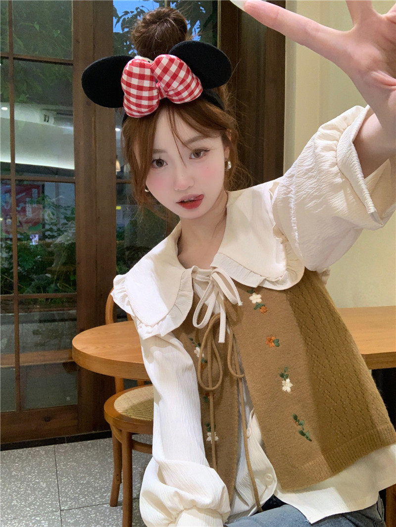 Стильные костюмы 春季穿搭套装2024女装甜美娃娃领长袖衬衫减龄刺绣针织马甲两件套 OTHER