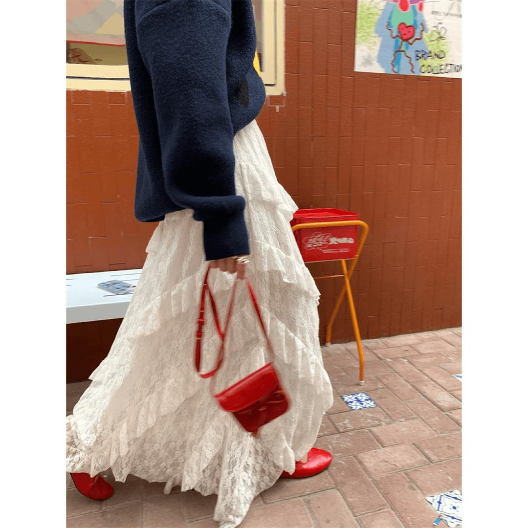 レトロなスプライシングツイルホワイトレーススカートレディース春新作レイヤードメッシュAラインロングスカートケーキスカート