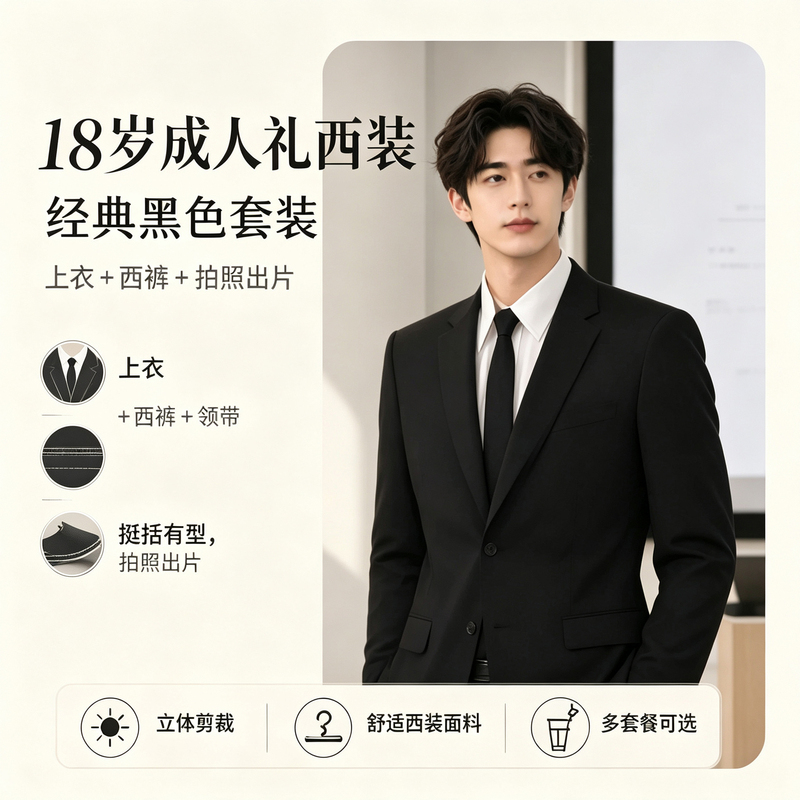 Eighteenth-Year-Old Coming-Of-Age Ceremony Suit, Student Graduation Ceremony, Defense, Campus Host, Black and Navy Blue Suit Set for Men