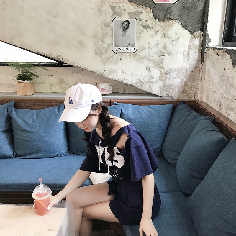 VK旗艦店 韓國學院風露肩寬鬆休閒圓領套裝短袖褲裝