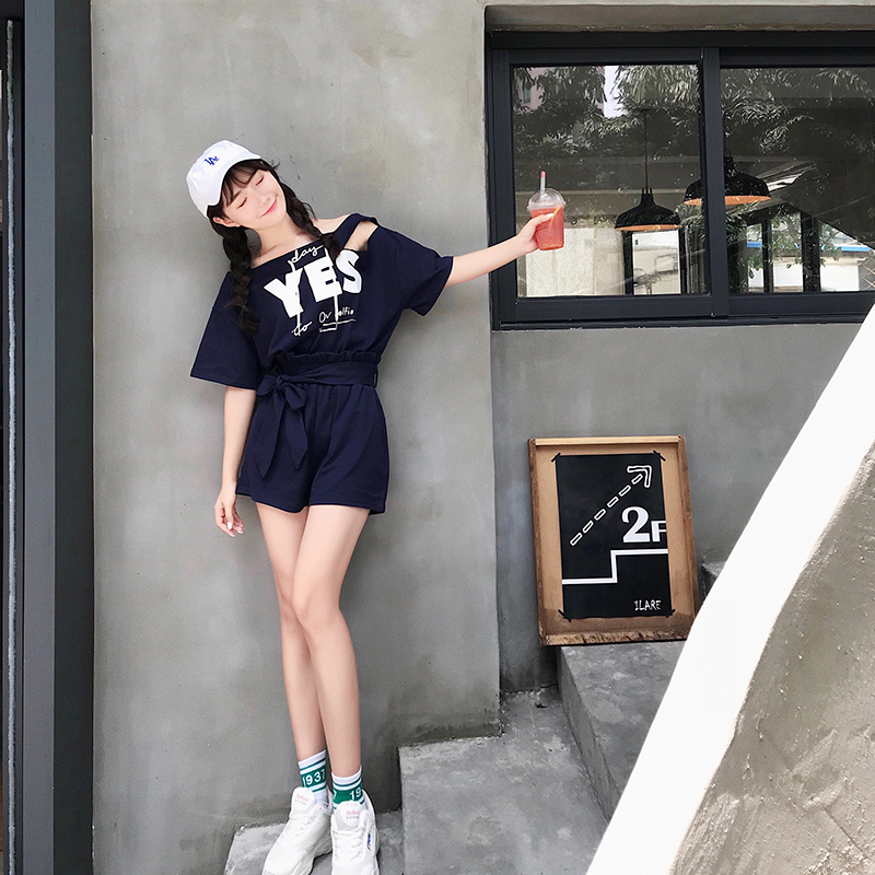 VK旗艦店 韓國學院風露肩寬鬆休閒圓領套裝短袖褲裝