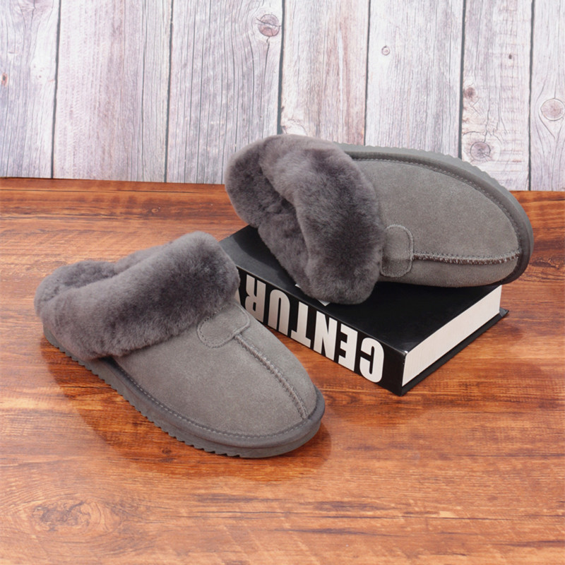 Fur-Lined Slippers for Men and Women, Autumn and Winter Home Warm Non-Slip Closed-Toe Fur Cowhide Pure Wool Large Size Cotton Slippers