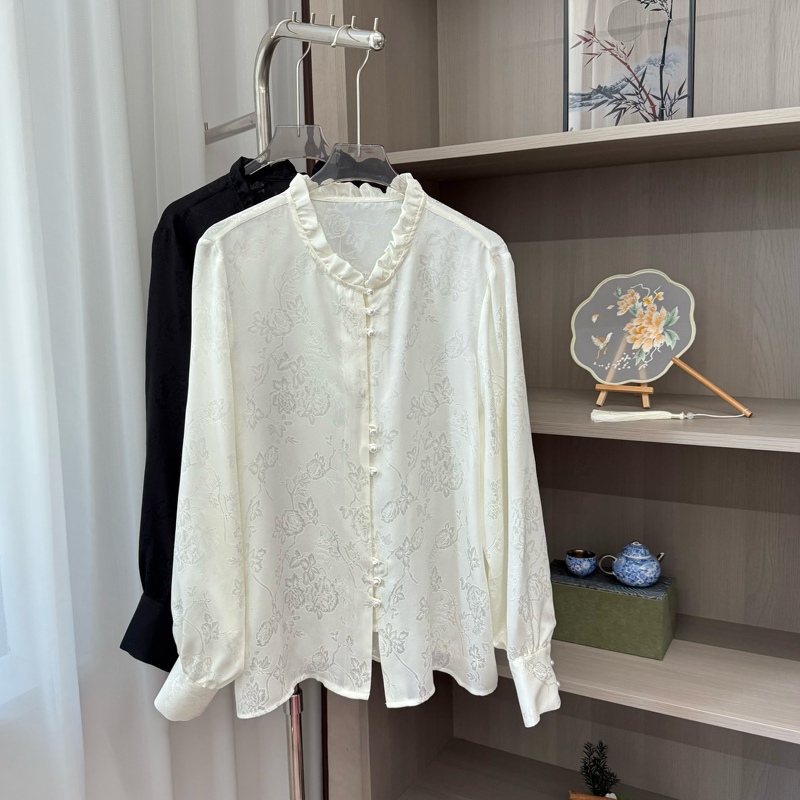 100% Mulberry Silk Full-Hole Ruffled Stand-Up Collar Regular Shoulder Long-Sleeve Off-White and Black Versatile Base Shirt Blouse
