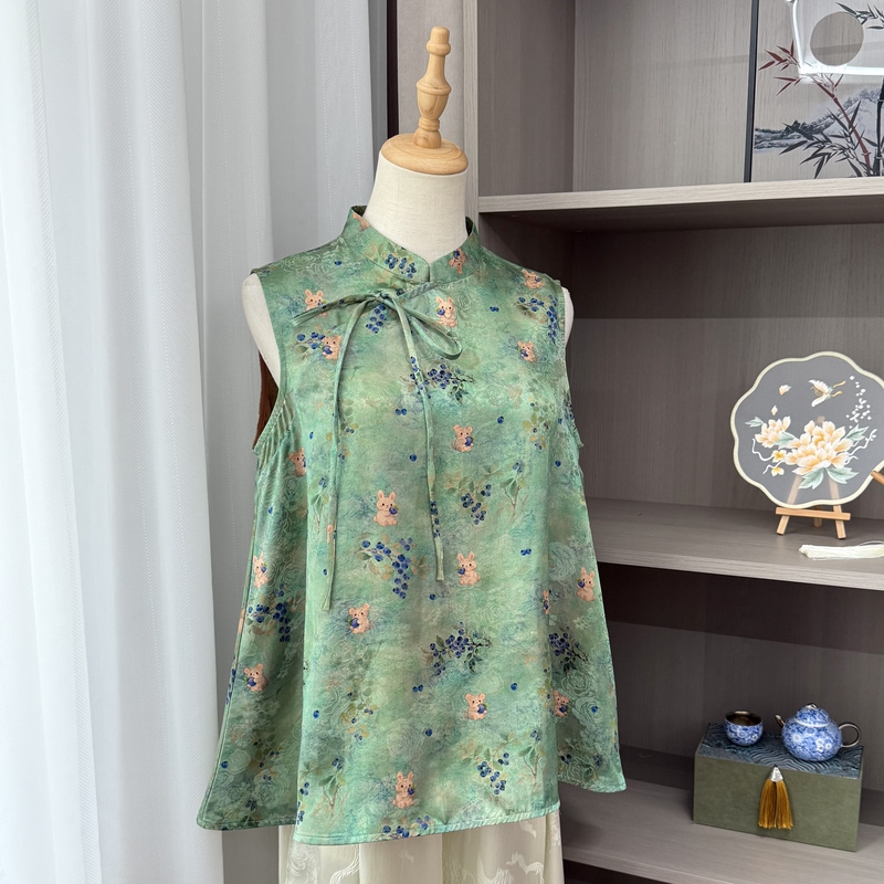 100% Mulberry Silk Red Cloud Gauze Floral Blueberry Stand Collar Diagonal Collar Sleeveless Babydoll Top
