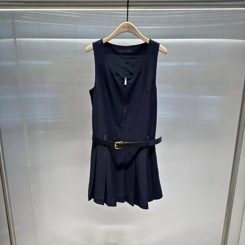 Dress 2026 Summer New Product, Light and Simple U-Neck, Mid-Low Waist, Pleated, Twilight Blue, with Belt, Skirt Mbf2Drs002