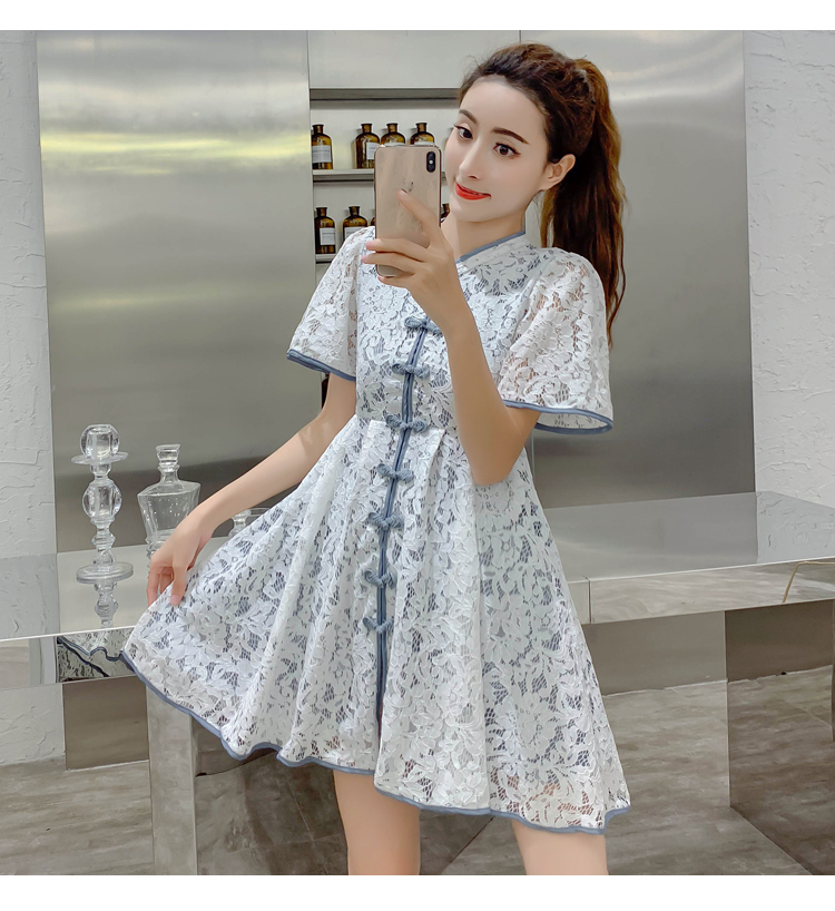 VK旗艦店 中國風中國結扣蕾絲拼色包邊旗袍短袖洋裝