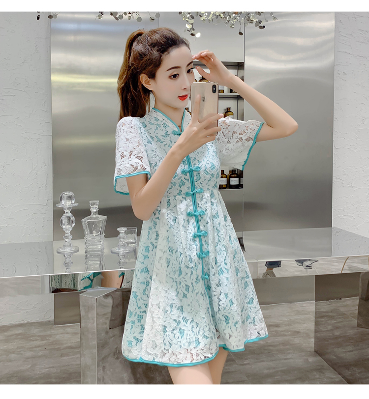 VK旗艦店 中國風中國結扣蕾絲拼色包邊旗袍短袖洋裝