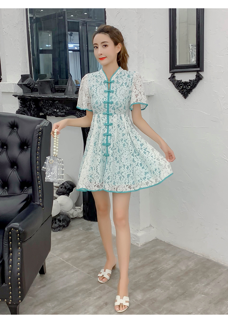 VK旗艦店 中國風中國結扣蕾絲拼色包邊旗袍短袖洋裝