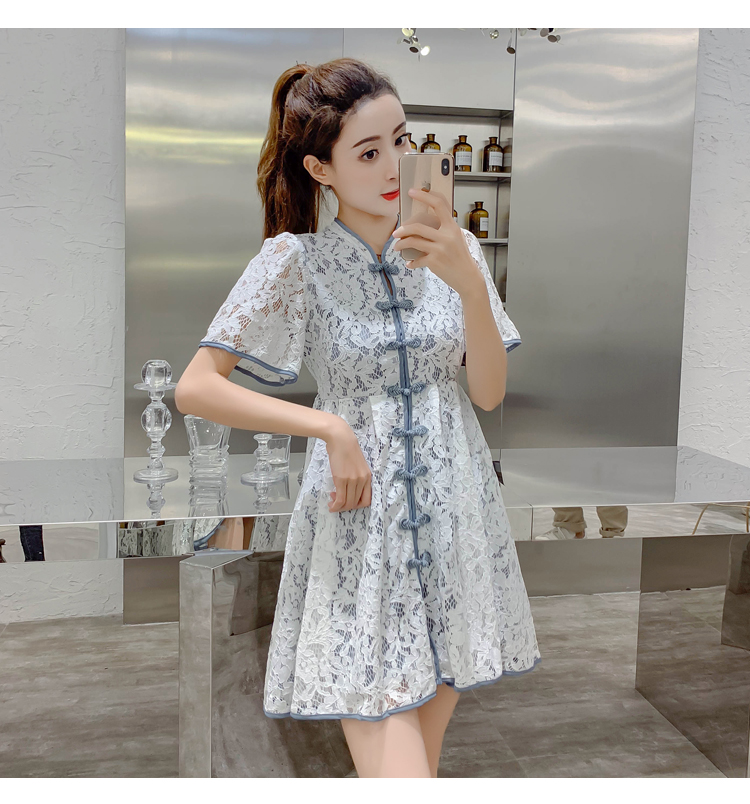 VK旗艦店 中國風中國結扣蕾絲拼色包邊旗袍短袖洋裝