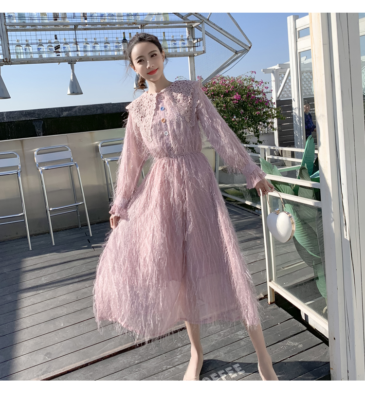 VK旗艦店 韓國風優雅寬鬆彩釦氣質蕾絲流蘇長版長袖洋裝