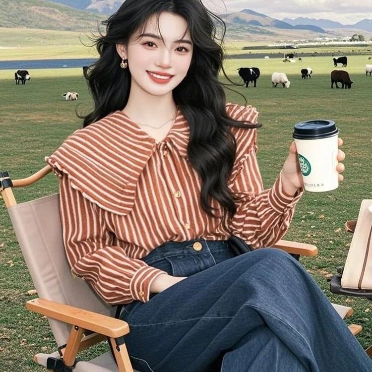 Outlet Clearance: Brand Fashion Design Red Striped Doll Collar Shirt Top for Women, Autumn Outlet Clearance: Brand Fashion Design Red Striped Doll Collar Shirt Top for Women, Autumn