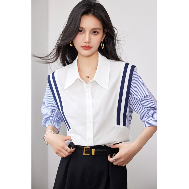 Outlet Clearance Brand Name Tag-Cut Summer Color-Block Striped Shirt for Women, Five-Quarter Sleeve Elegant Blouse Top