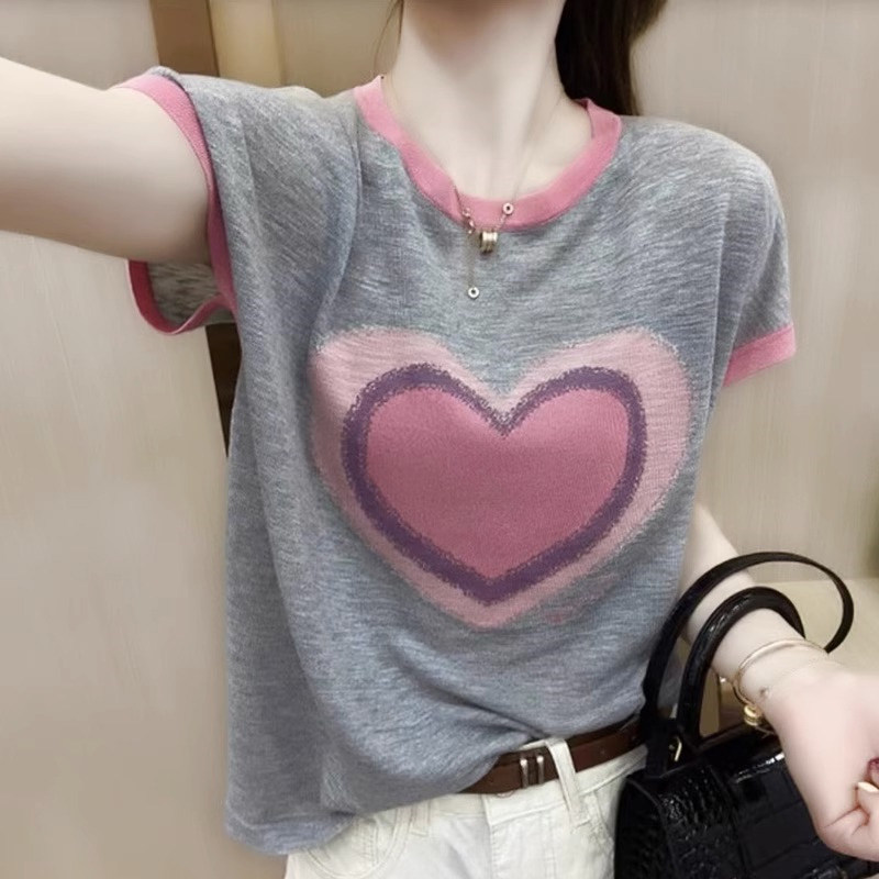 奥特莱斯清仓专柜撤回品牌剪标时尚拼色冰丝针织短袖T恤上衣女夏