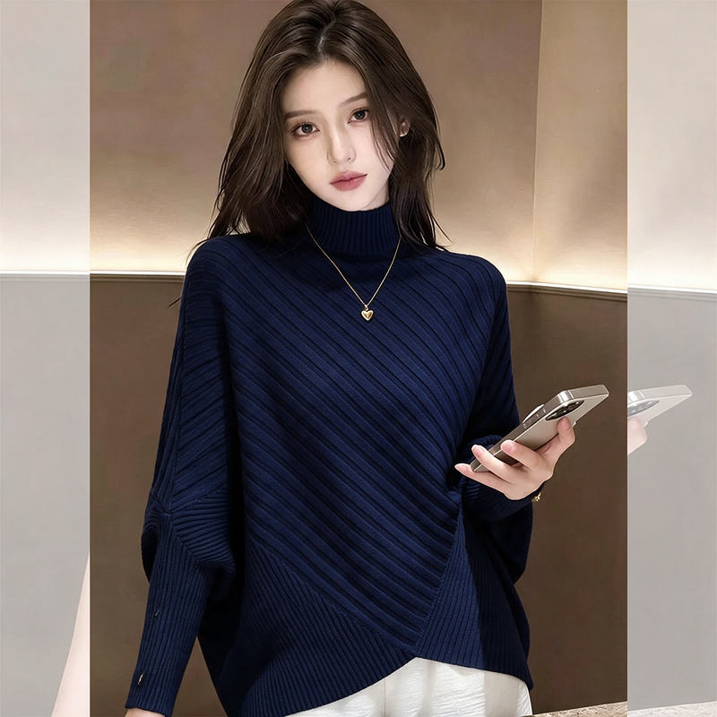 Recommended Item for Personal Collection~ Lazy Style Half-High Collar Batwing Sleeve Irregular Cape Wool Knit Sweater Top for Women Autumn/Winter