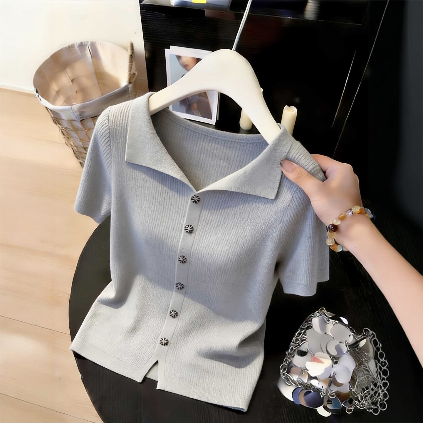 奥特莱斯清仓专柜品牌剪标灰色翻领套头针织衫冰丝短袖上衣女夏季