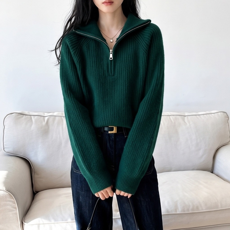 High-Quality Personal Favorite Recommendation~ Lazy Style Loose Green Zip-Up Knit Cardigan Wool Top for Women Autumn/Winter